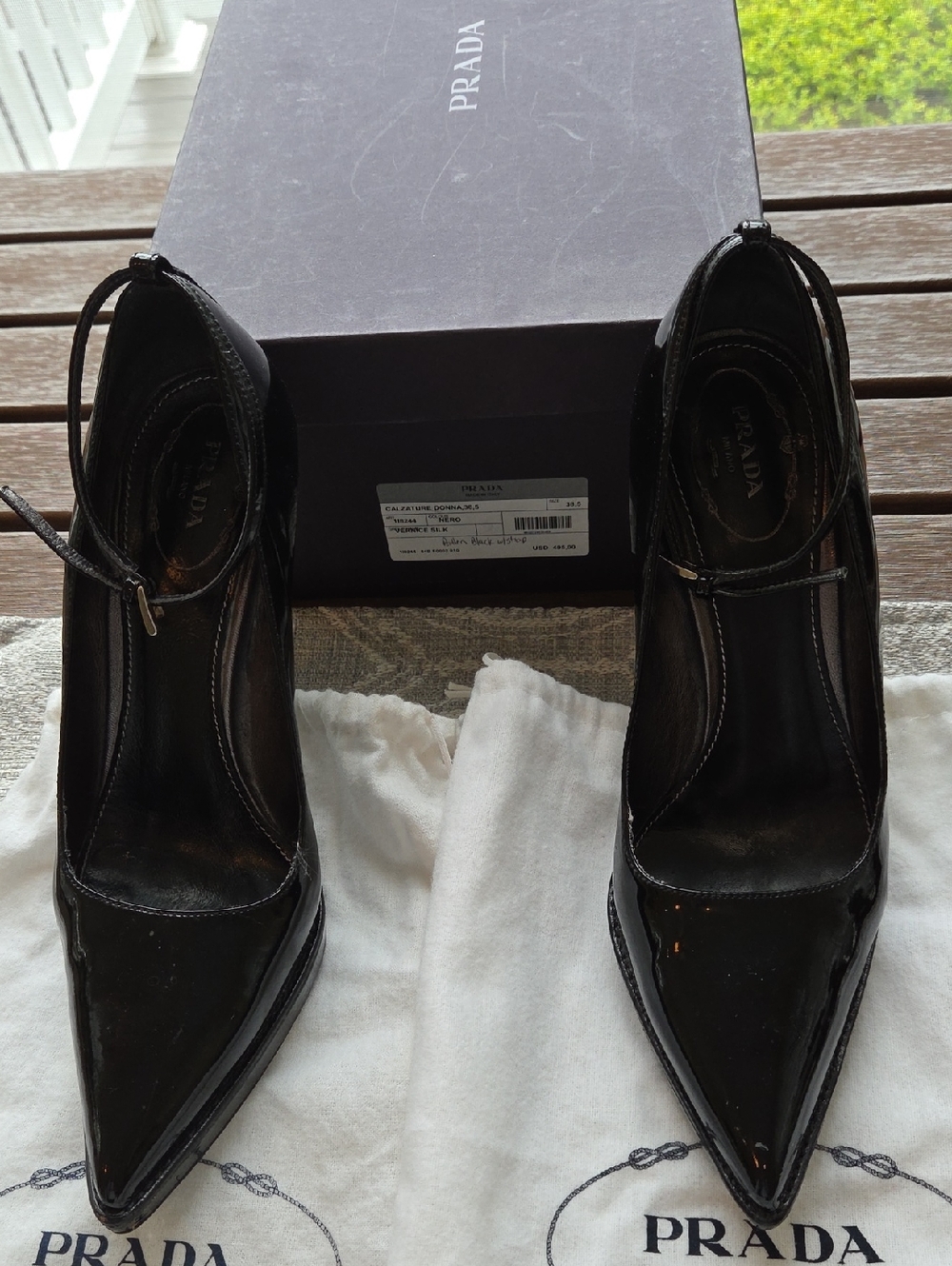 Prada Black Patent Leather Pointed-Toe Ankle-Strap Pumps